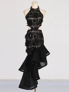 Elegant black halter lace dress with waist cut-outs and asymmetrical ruffled hem
