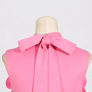 Close-up of elegant pink sleeveless dress featuring a stylish bow tie at the back neck.