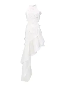 Elegant white lace maxi dress with halter neck, waist cut-outs and asymmetric ruffle hem.