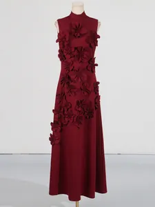 Elegant burgundy sleeveless maxi dress with 3D floral patchwork and stand collar