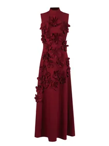 Elegant wine red sleeveless maxi dress featuring French style 3D floral appliqués.