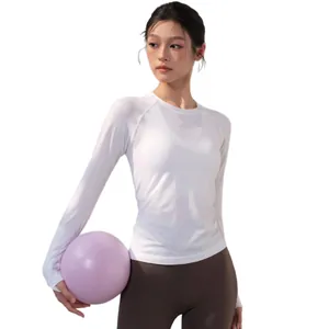 Breathable white slim fit yoga top with long sleeves and round neck for gym workouts