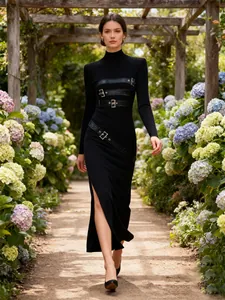 Robe longue noire chic à col montant avec boucles métalliques et fente latérale en jardin.