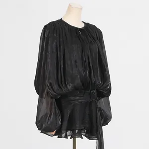 Elegant black pleated long sleeve dress with waist tie and ruffle hem detail for women