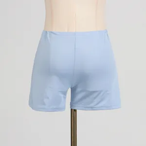 Vista posteriore di alta qualità di pantaloncini di sicurezza azzurri con elastico su manichino.