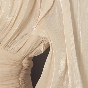 Macro view of elegant pleated champagne dress with invisible underarm zipper detail
