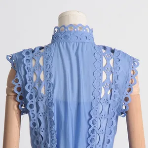 Vue détaillée de la robe bleu clair avec broderie anglaise festonnée élégante au dos