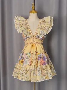 Elegant French style floral print mini dress with deep V-neck and flutter sleeves for women