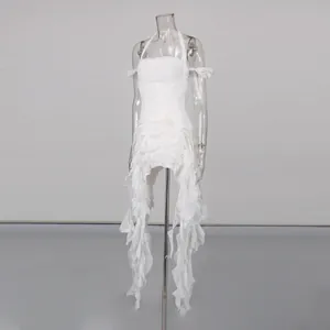 Full view of white halter irregular dress with flowing ruffles on transparent mannequin