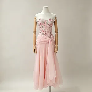 Elegant French style pink floral corset dress with layered chiffon skirt detail view