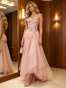 French Elegant Floral Corset Maxi Dress Vintage High Waist Patchwork Mesh Evening Gown For Women Summer Party Banquet Dress