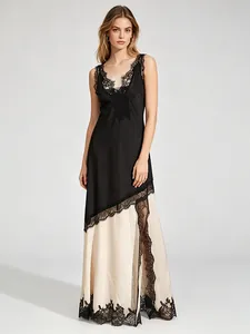 Robe Longue Élégante Femme Col en V Dentelle Patchwork Sans Manches Été Bodycon Clubwear Fête Robe en Polyester