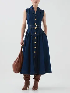 Korean Style Elegant Sleeveless Maxi Dress For Women Solid Color Lapel A-Line Casual Dress With Waist Belt For Daily Banquet