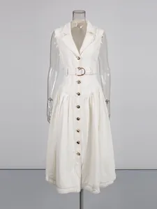 Elegant white sleeveless midi dress featuring lapel collar, button-down front and belted waist