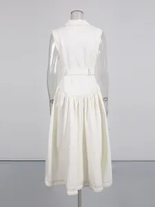 Elegant white sleeveless maxi dress featuring a waist belt and pleated skirt back view