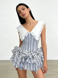 Vestido mini de rayas azules y blancas estilo coreano con lazos grandes y cuello encaje