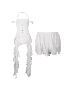 Niche designer white halter neck corset top with flowing ruffles and matching skirt