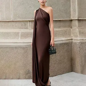 Elegant French-style brown one-shoulder long evening gown showcased on a model
