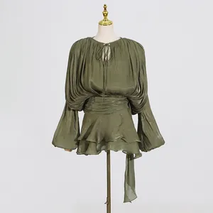 Elegant olive green pleated long sleeve mini dress with waist tie and ruffle hem