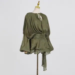 Elegant pleated mini dress in olive green with tie-neck and tiered ruffles