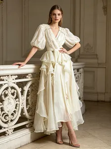 Elegante Strass V-hals Ruffle Maxijurk Vintage Pofmouwen Hoge Taille Polyester Spandex Jurk Voor Banket Daten Vrouwen