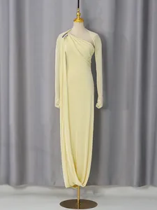 Elegant pale yellow French style one-shoulder long evening dress gown for women 2026