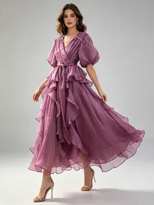 Elegante paarse maxi-jurk met ruches, diepe V-hals en pofmouwen voor dames mode 2026