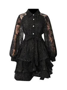 Elegant black long sleeve dress with polka dots floral print and tiered ruffles