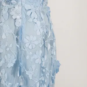 Vista dettagliata dell'intricato ricamo floreale 3D su un abito azzurro in stile francese