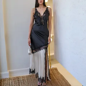 Elegant sexy black and white lace patchwork maxi slip dress with deep V-neck and side slit