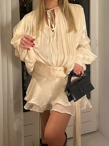 Women Sweet Pleated Mini Dress Round Neck Tie Lantern Sleeve Ruffle Hem Solid Color Polyester Fashion Summer Short Dress