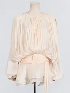 Elegant sweet style champagne pleated mini dress with long puff sleeves and tie waist detail