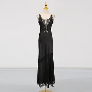 Full view of black lace patchwork camisole maxi dress on a mannequin