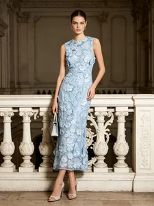 Abito Maxi Senza Maniche Azzurro Dolce in Stile Francese Con Applique Floreali 3D Patchwork Abito da Sera per Banchetti Donna