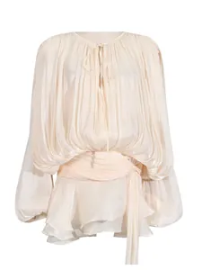 Elegant cream pleated mini dress featuring long balloon sleeves and round neck with front tie