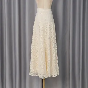 Jupe longue élégante en dentelle florale blanche à taille haute coupe trapèze mode