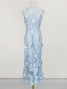 Abito senza maniche azzurro stile francese con pizzo floreale 3D, vista posteriore.