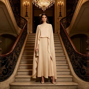 Elegant beige three-piece set featuring a long cape and maxi skirt in a grand interior