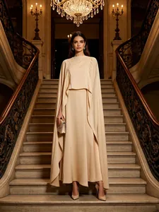 Elegant Champagne 3-Piece Set For Women Satin Finish Sling Top Long Skirt And Long Shawl Banquet Party Outfits Set