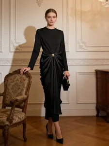 Elegant long-sleeved black evening dress with sophisticated waist drape and slim fit