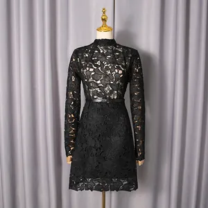 Elegant black hollow-out lace mini dress with long sleeves and slim fit design