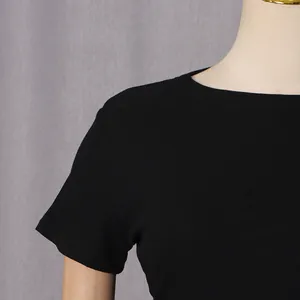 Detailed close-up showing the black ribbed knit fabric texture of the short sleeve dress