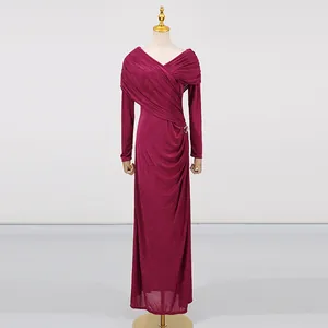 Elegant pleated long-sleeved slim fit maxi dress in deep magenta