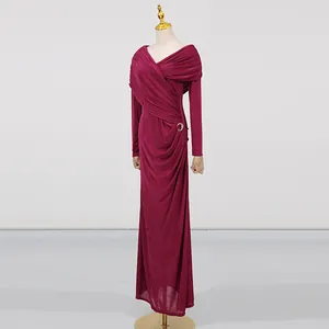 Elegant burgundy pleated long-sleeved dress featuring a sophisticated draped front design.