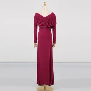 Elegant burgundy long-sleeved pleated dress featuring a unique layered shawl back design