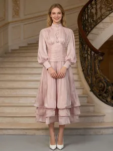 Elegant French style pink pleated tiered maxi dress for formal banquets and events