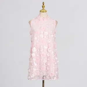 Elegant pink sleeveless mini dress with 3D floral appliques and pearl details for summer.