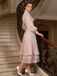 Elegant French style pink banquet midi dress with long puffed sleeves and tiered skirt design