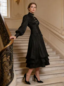 French style elegant black evening midi dress with puffed sleeves and tiered skirt