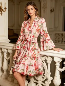 French Sweet Vacation Style Cherry Citrus Print Shirt Dress For Women Summer Short Sleeve Ruffled Layered Cake Dress